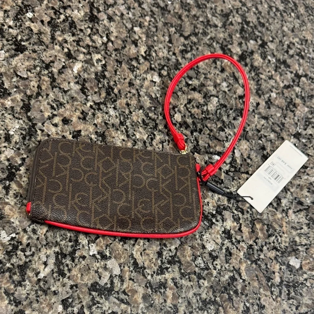 Calvin Klein Logo Wristlet in Brown and Red NWT